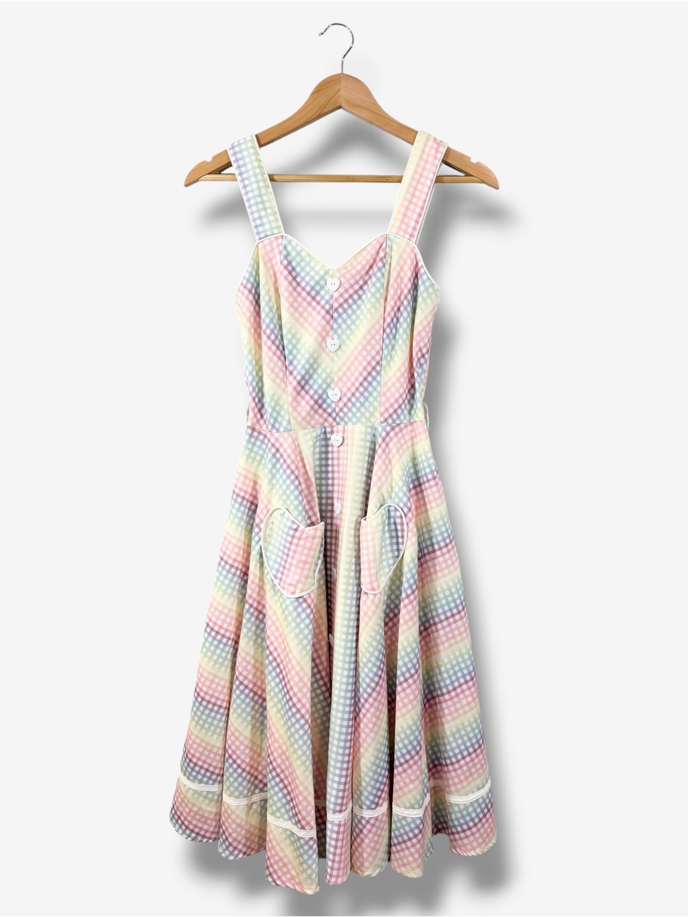 Voodoo Vixen Trixie Gingham Flare Dress Size S/4 Pastel Heart Pocket Retro Pinup